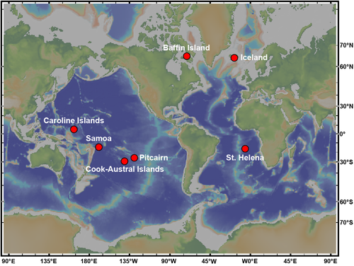 图2. 本研究的洋岛玄武岩采样地点分布